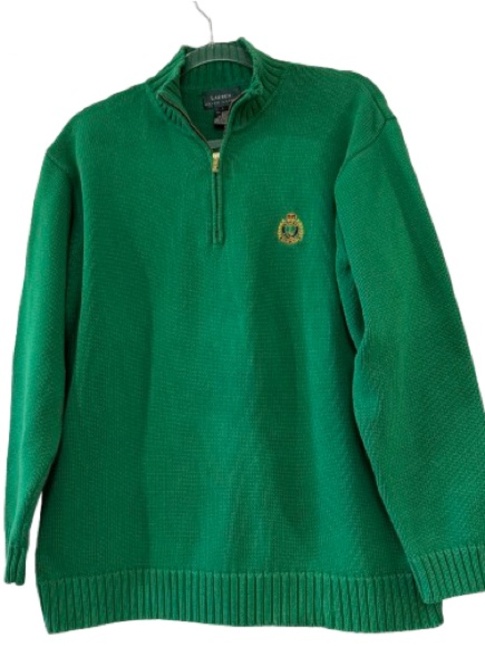 LRL Quarter Zip Cotton Knit Sweater Kelly Green Crest Logo Men’s L